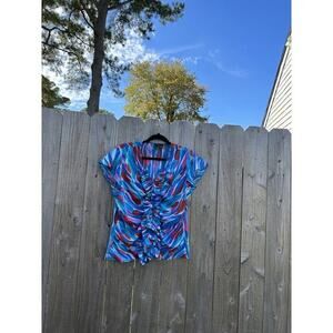 Sere Nade NY Woman Blouse Blue White Ruffled Large Button Down Blue Women's Work